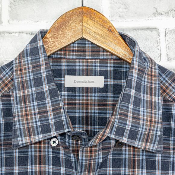 Ermenegildo Zegna Men's 2XB Button up Shirt Blue Plaid Cotton - Picture 6 of 7